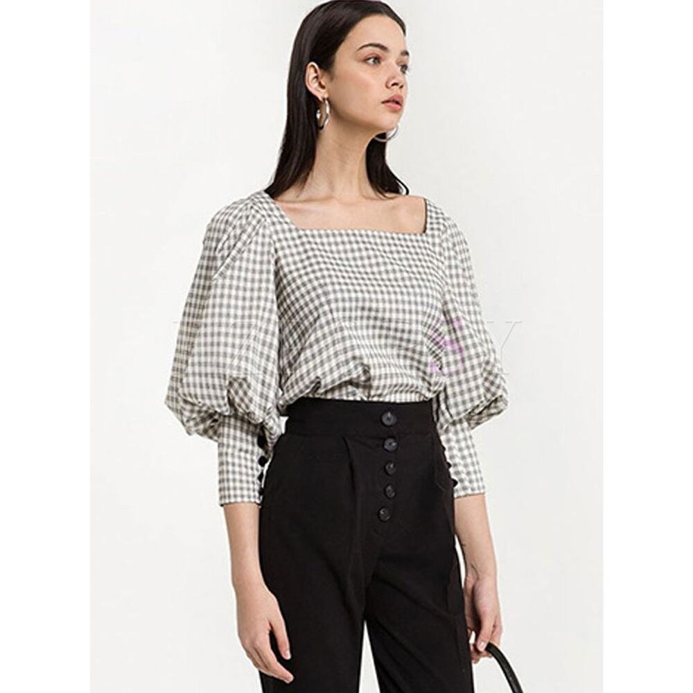 PIXIE MARKET Gingham Puff Sleeve Top Square Neck Casual Preppy Office size XS